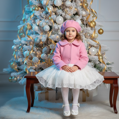 Blush Winter – Elegant Pastel Bench Christmas Photo