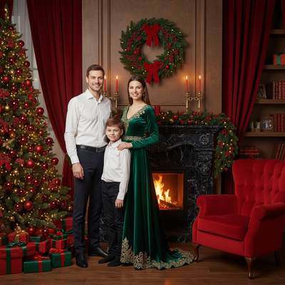 Emerald & Gold Fireplace Portrait