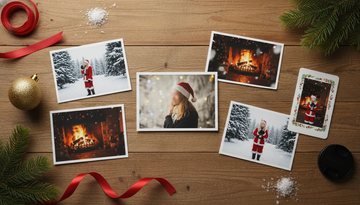 A single source photo is surrounded by multiple Christmas portrait variations on a wooden desk.
