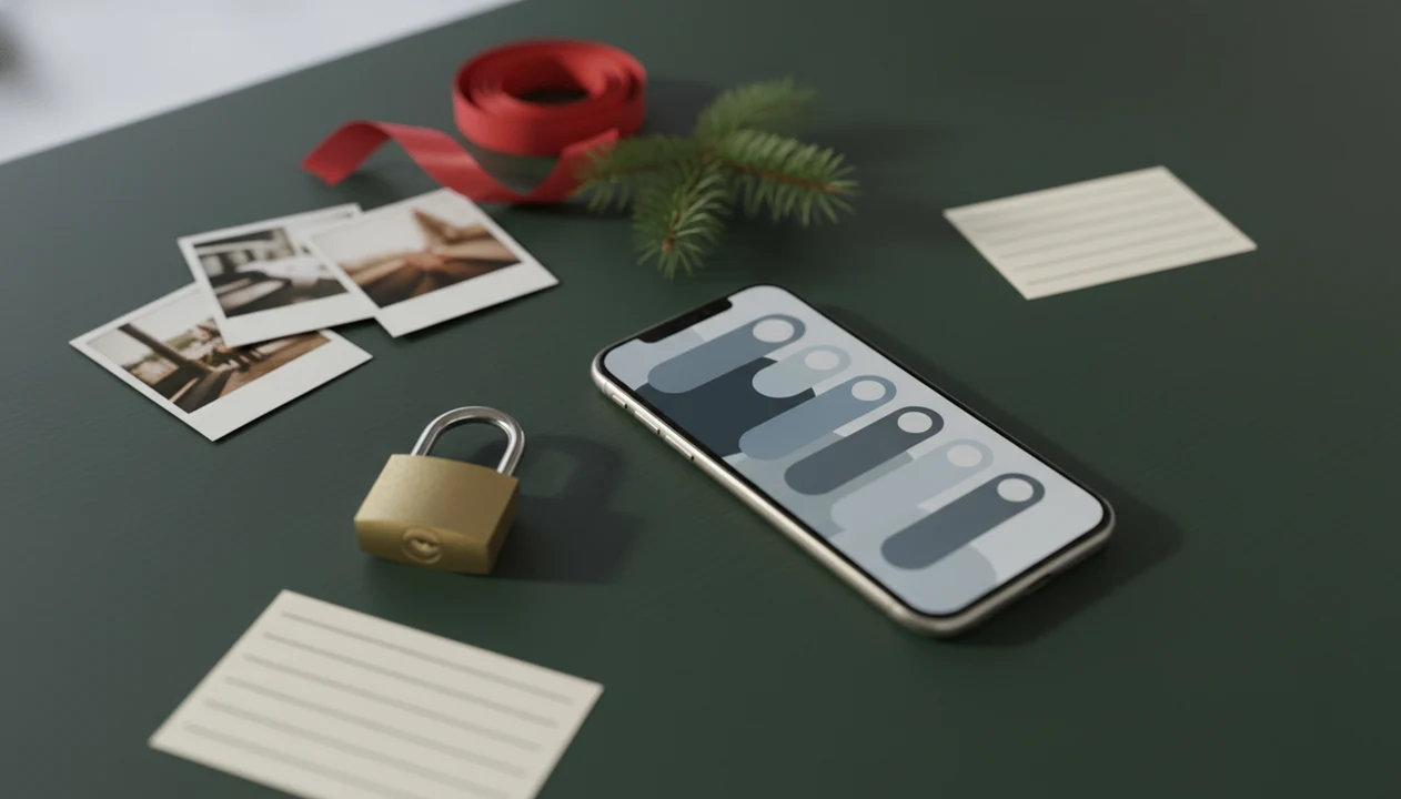 A phone with abstract privacy labels sits beside blurred holiday photos, pine, ribbon, and a small padlock.