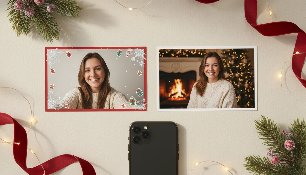Side-by-side holiday photos compare a simple Christmas filter with an AI-generated festive portrait.