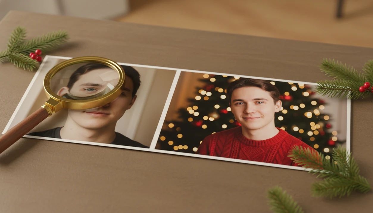 Two side-by-side photo prints compare an original selfie with a polished AI Christmas portrait on a desk.