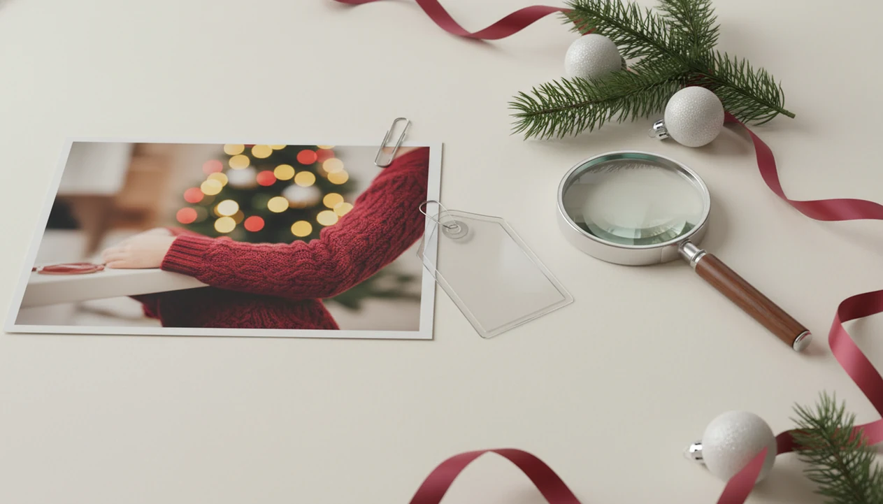 A holiday photo print with a blank disclosure tag, magnifying glass, ribbon, pine, and ornaments on a desk.