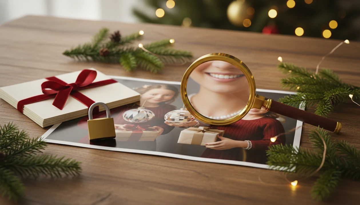 A magnifying glass examines an AI Christmas portrait print beside a padlock and holiday cards.