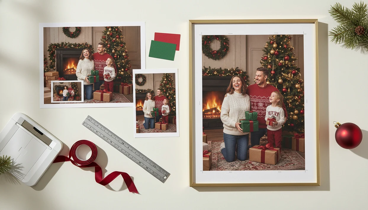 Christmas photo prints in multiple sizes are arranged with a ruler, crop guides, cardstock, and holiday props.