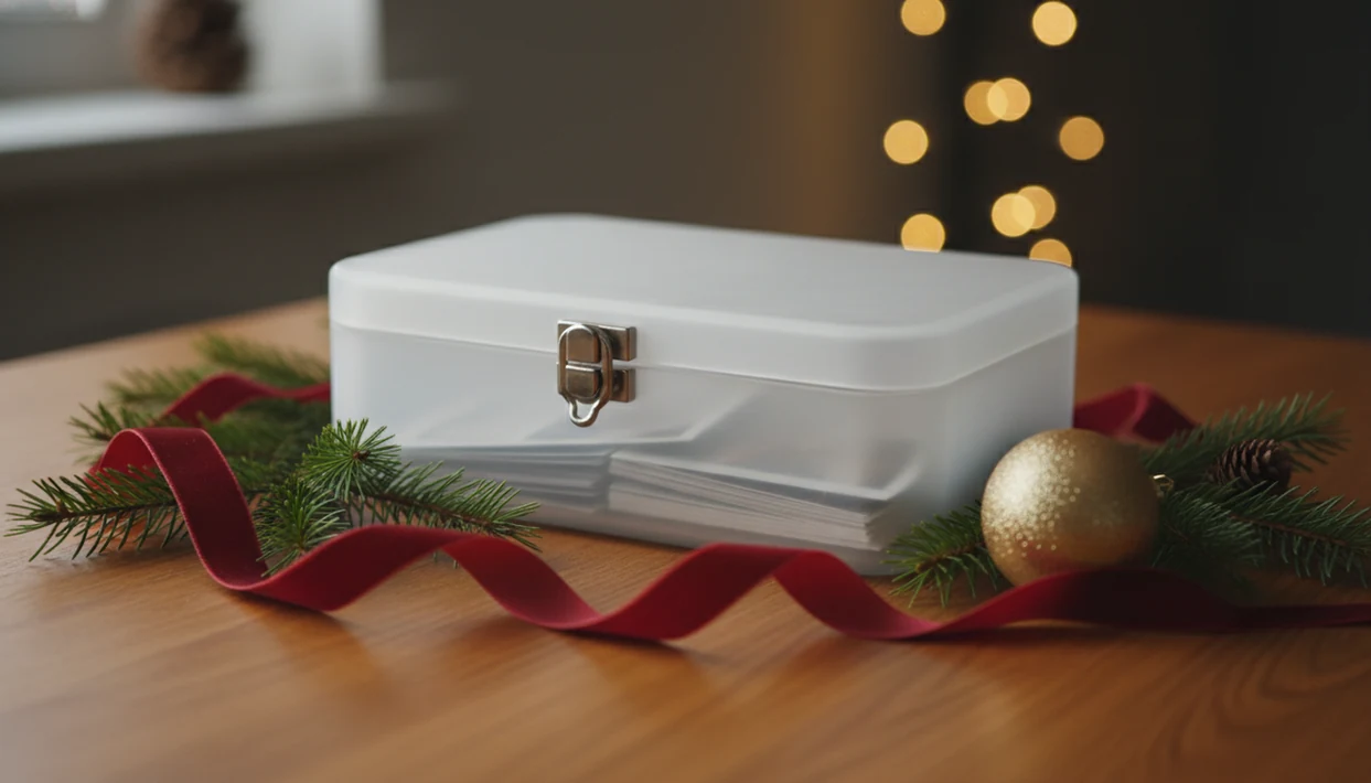 A locked frosted box holds face-down holiday photos beside pine and ornaments on a warm wooden table.