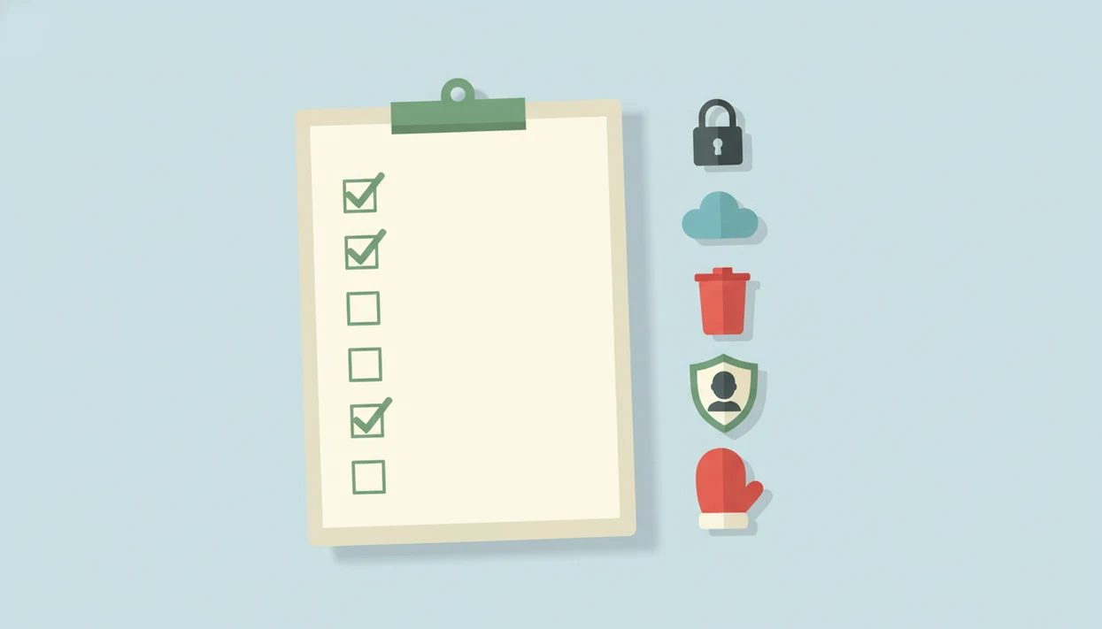 A wordless illustrated privacy checklist shows icons for locks, cloud storage, deletion, face data, and children.