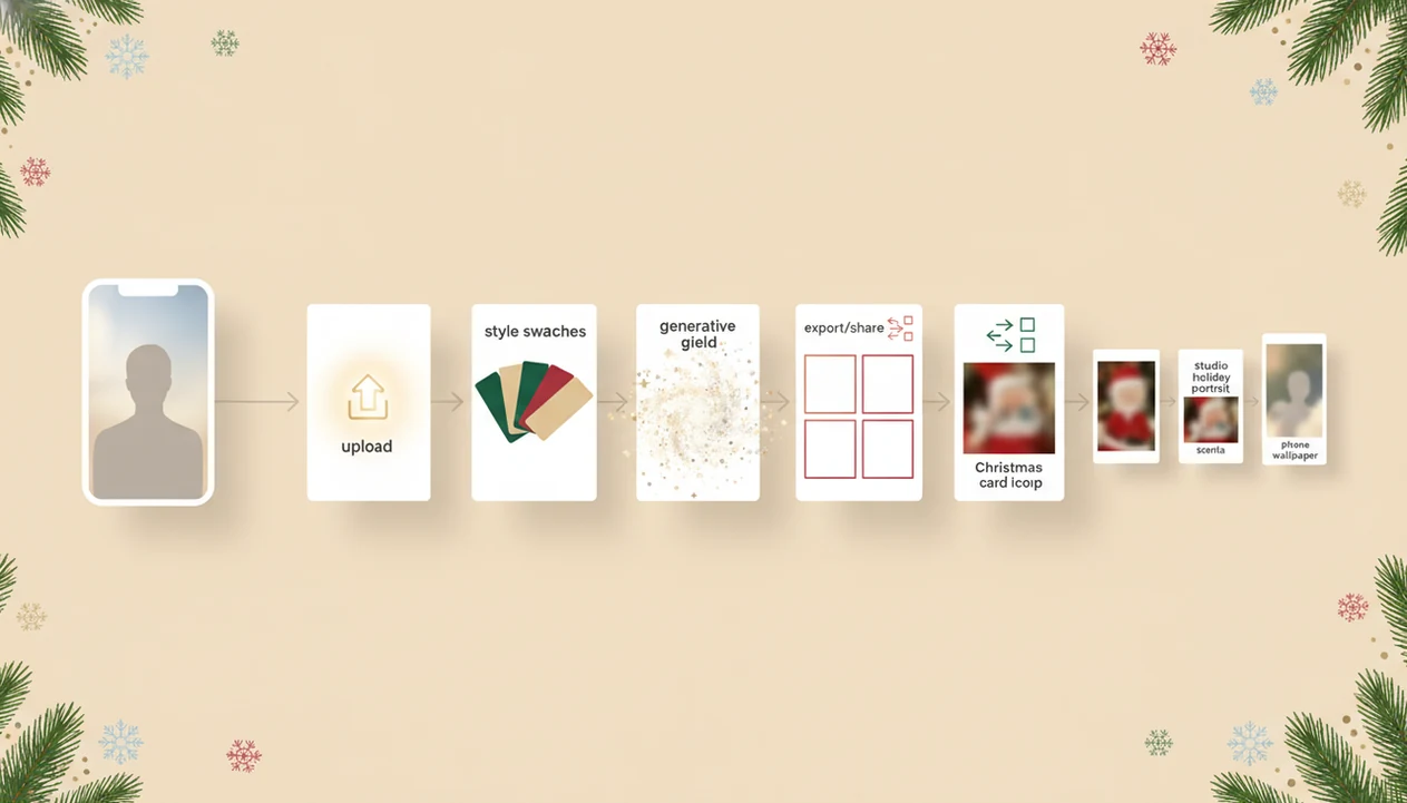 A visual timeline shows one uploaded photo becoming several AI Christmas portraits and shareable holiday images.