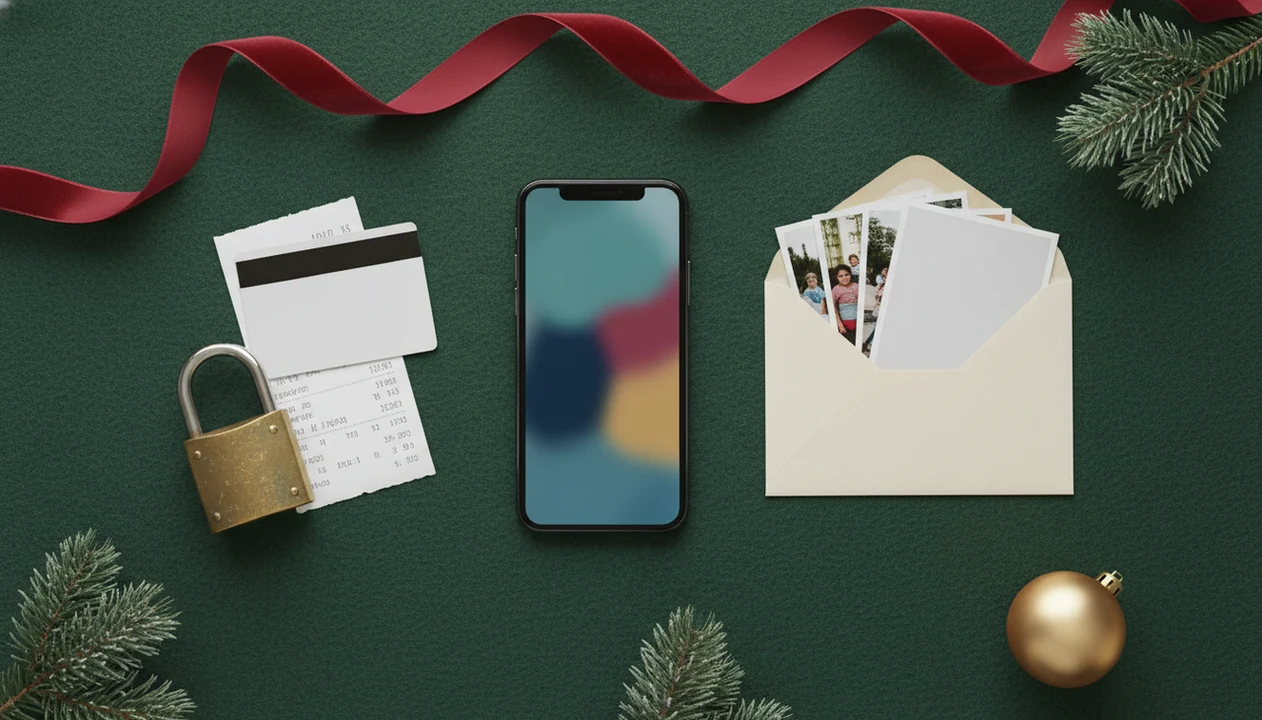 A phone, padlock, blank card, receipts, and holiday decor suggest checking AI app subscription safety.