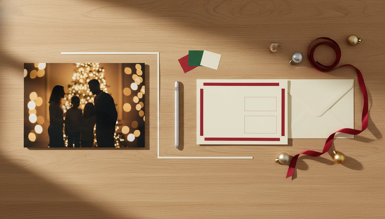 A desk flat lay contrasts an AI holiday portrait print with blank Christmas card layout materials.