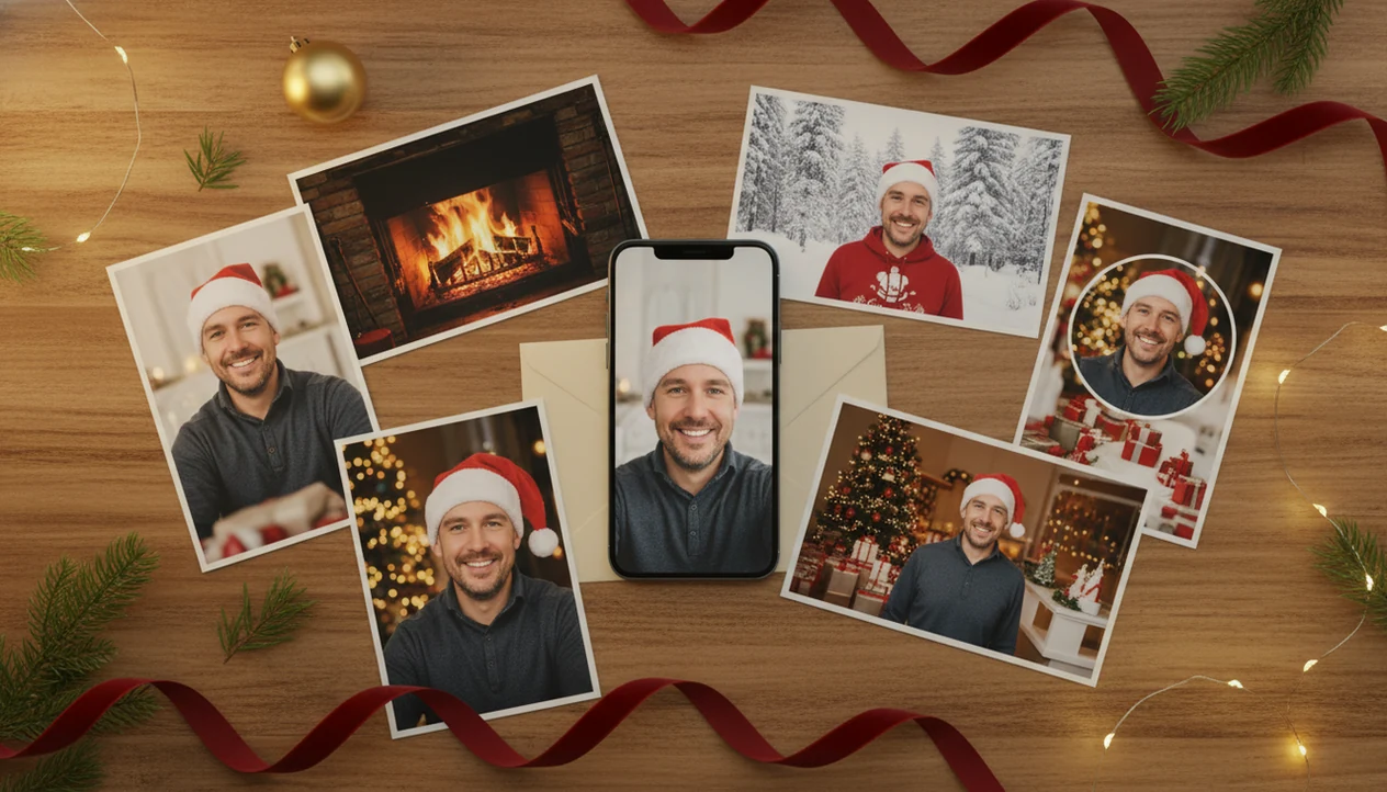 A phone selfie is surrounded by Christmas portrait variations made from the same photo.