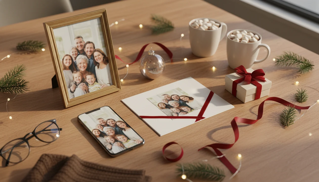 A phone photo becomes framed Christmas gifts, cards, and keepsakes arranged on a cozy holiday table.