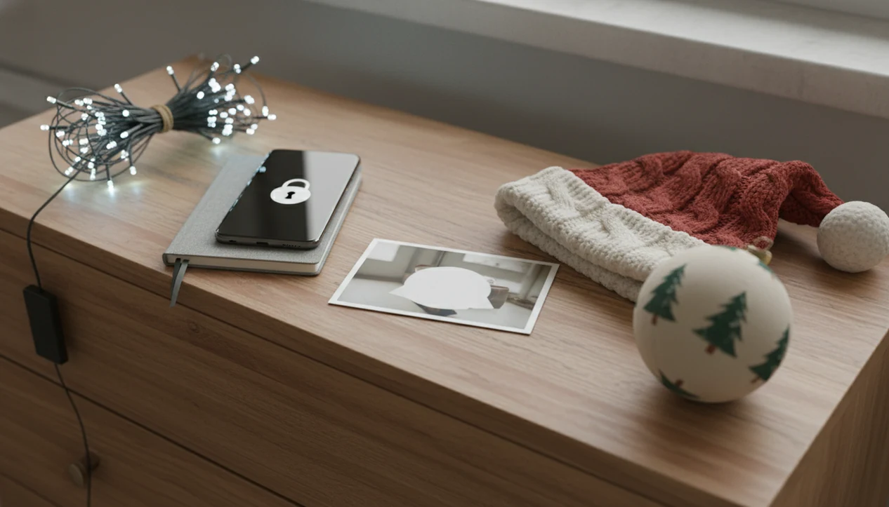 A privacy-minded Christmas photo setup with a face-down baby print, phone, soft props, and safe lights.