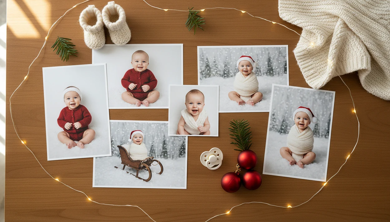 A baby snapshot surrounded by Christmas portrait prints, ornaments, booties, and soft nursery keepsakes.