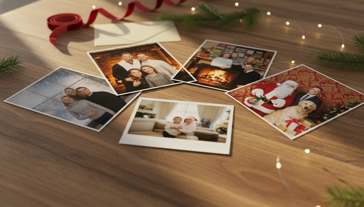 An everyday family photo surrounded by polished AI-style Christmas portrait prints on a festive table.
