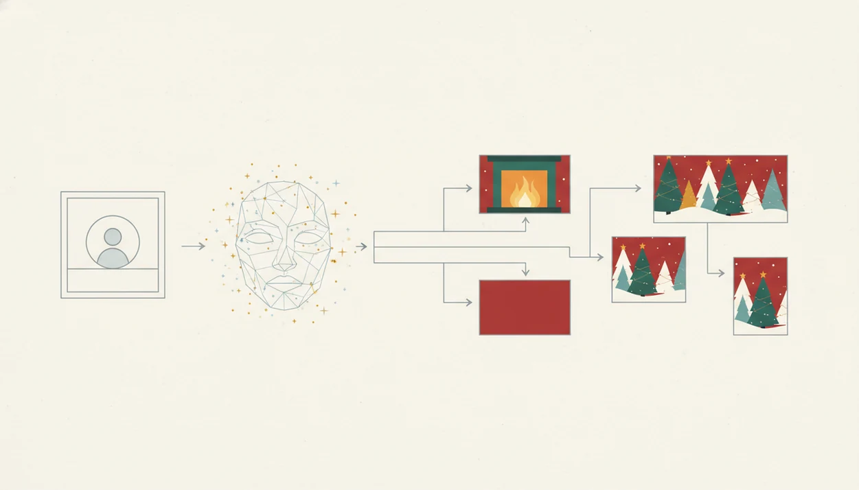 A simple visual pipeline shows one portrait becoming Christmas scenes and export crops.