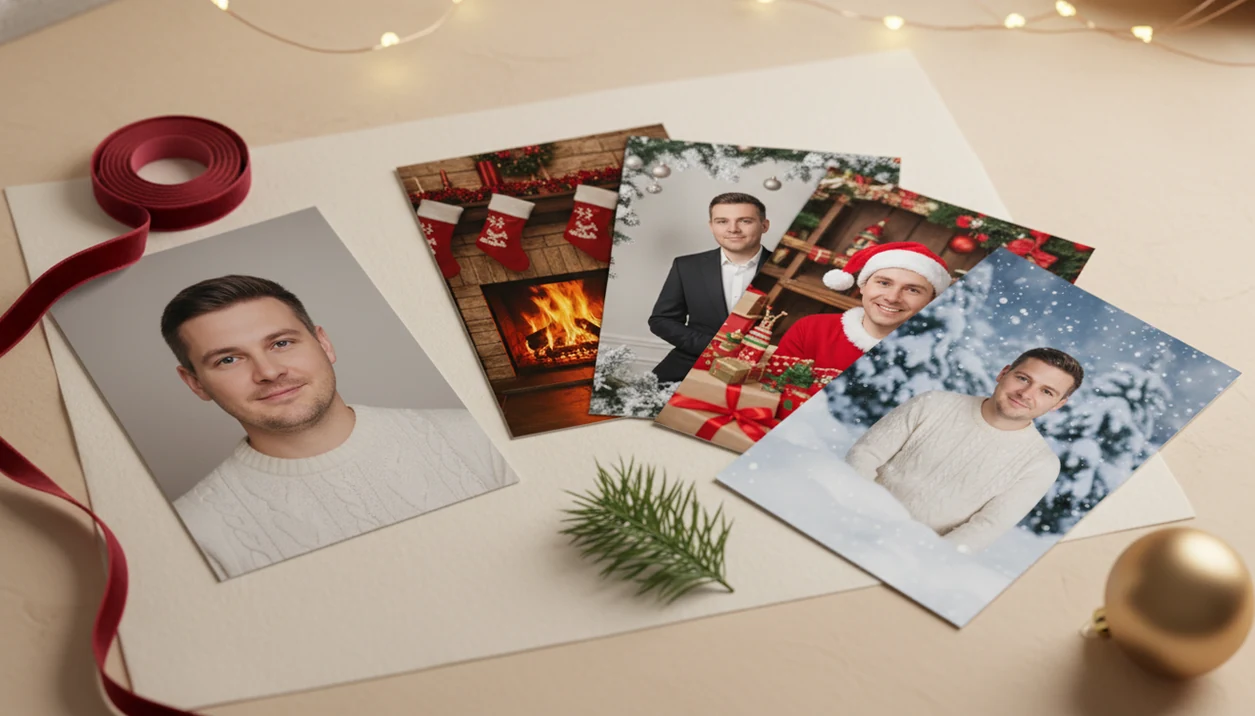 A single portrait photo leads to several polished Christmas portrait prints on a festive desk.