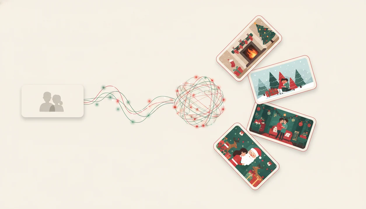 An illustrated workflow shows one couple selfie becoming several Christmas portrait styles.