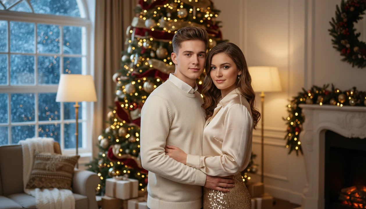 A couple poses in a polished Christmas portrait scene with warm lights and snowy windows behind them.