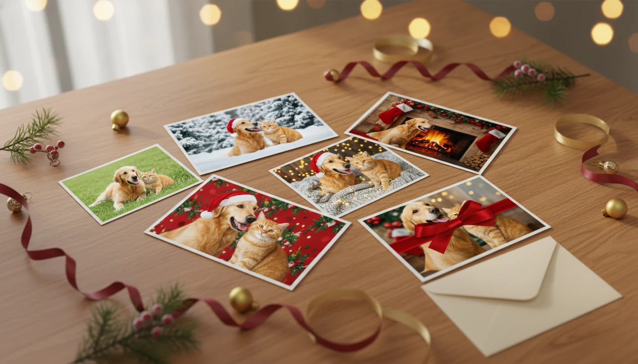 Holiday pet photo prints show one dog and cat transformed into several realistic Christmas scenes.
