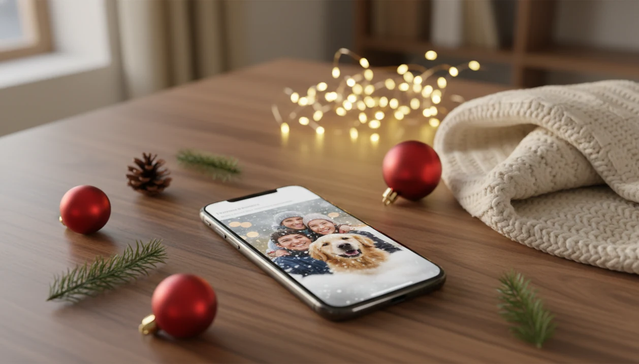 An iPhone displays a personalized Christmas wallpaper beside ornaments, pine sprigs, and warm holiday lights.