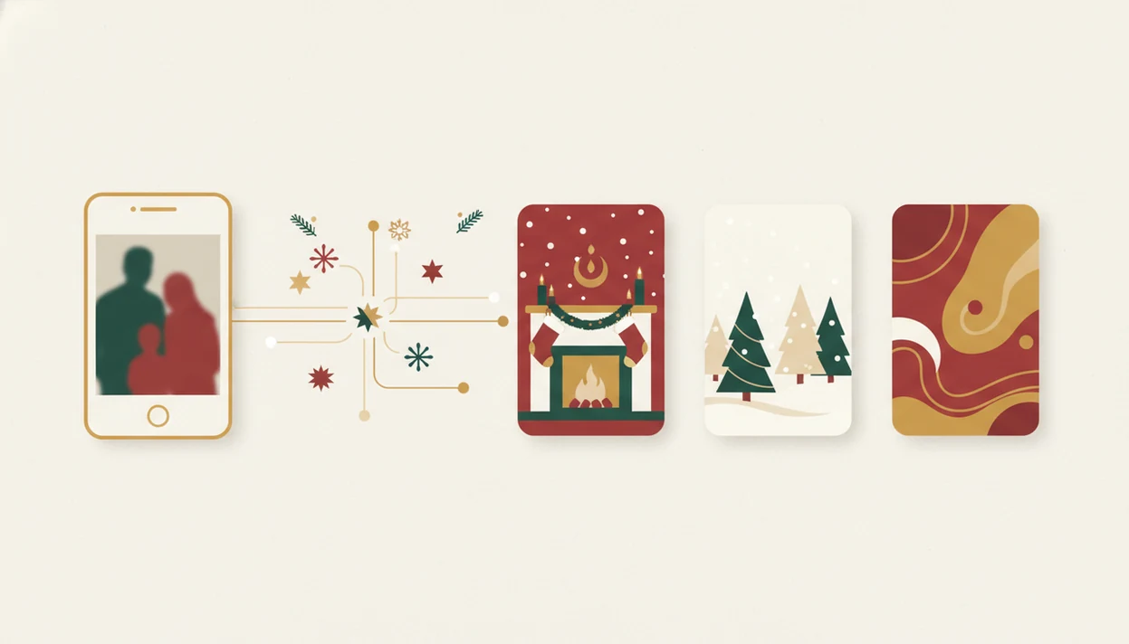 A clean diagram shows a phone photo becoming several coordinated Christmas portrait styles.