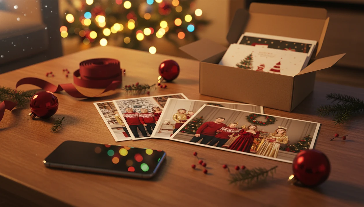 A phone and printed AI-style family Christmas portraits sit on a festive coffee table.