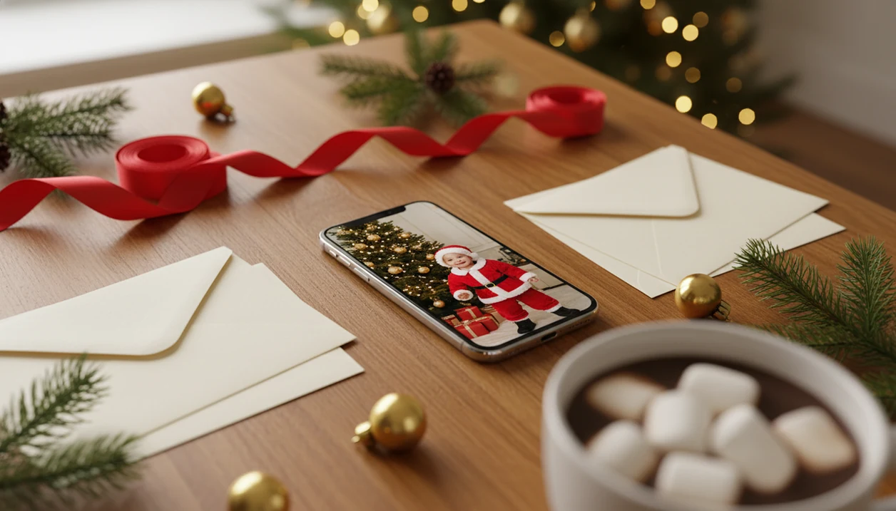 A phone shows a child’s Santa portrait preview beside holiday cards, ribbon, pine sprigs, and ornaments.