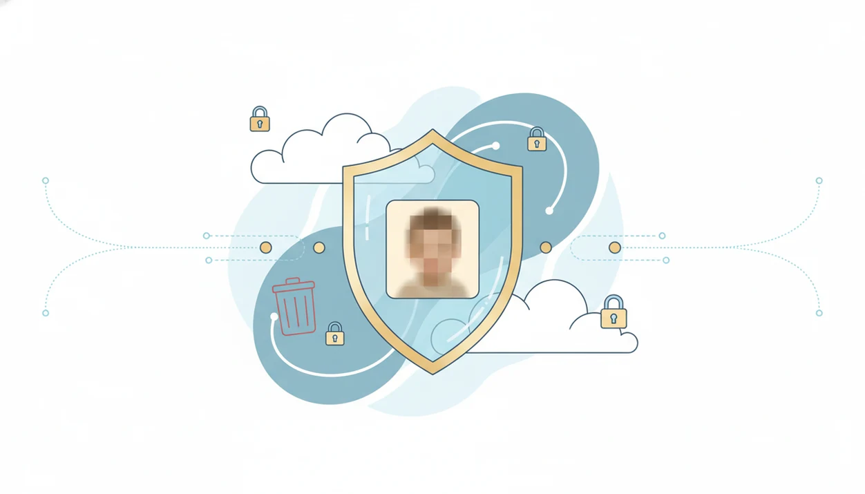 A child photo thumbnail sits inside a protective shield with locks and blocked data paths around it.