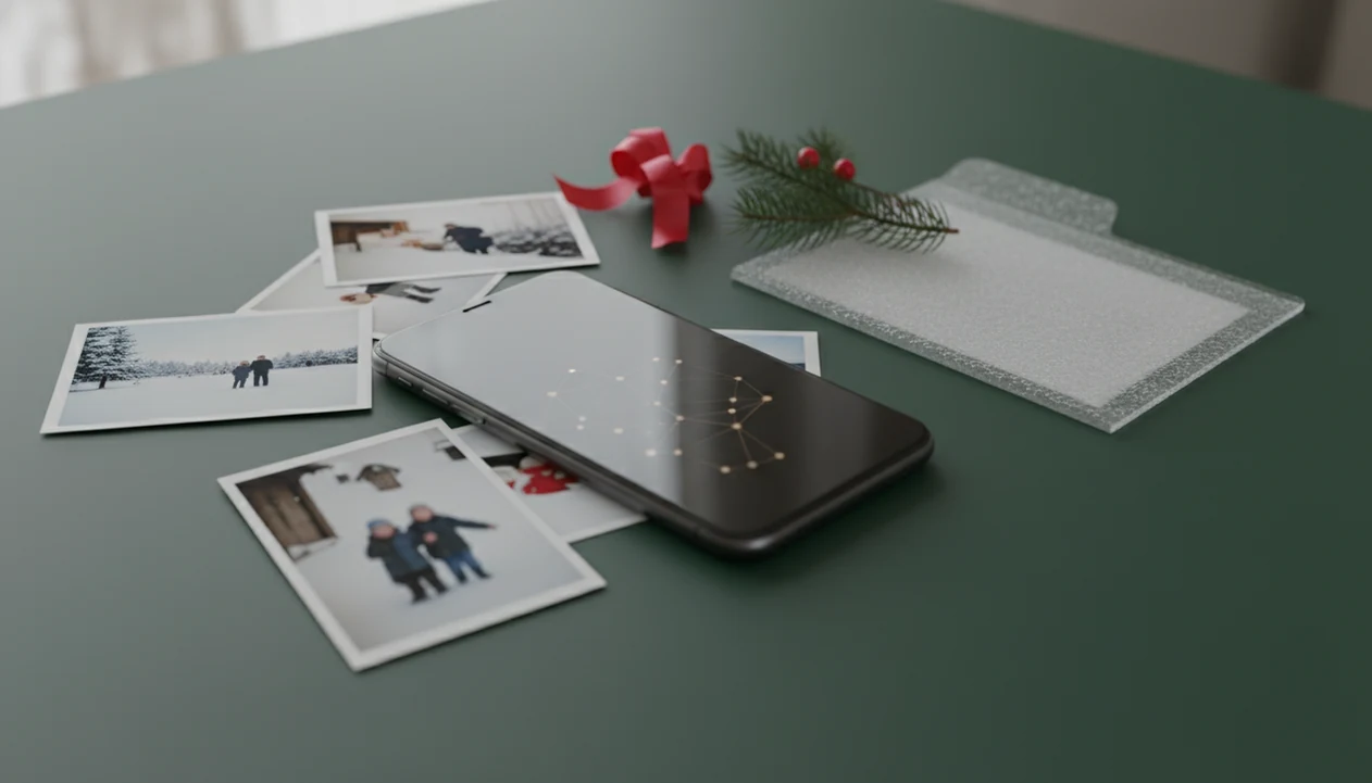 A phone beside hidden holiday photos and a pine sprig suggests privacy questions around AI photo uploads.