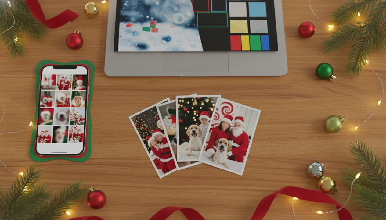 A holiday desk layout compares mobile templates, AI editing, and printed Christmas portrait outputs.