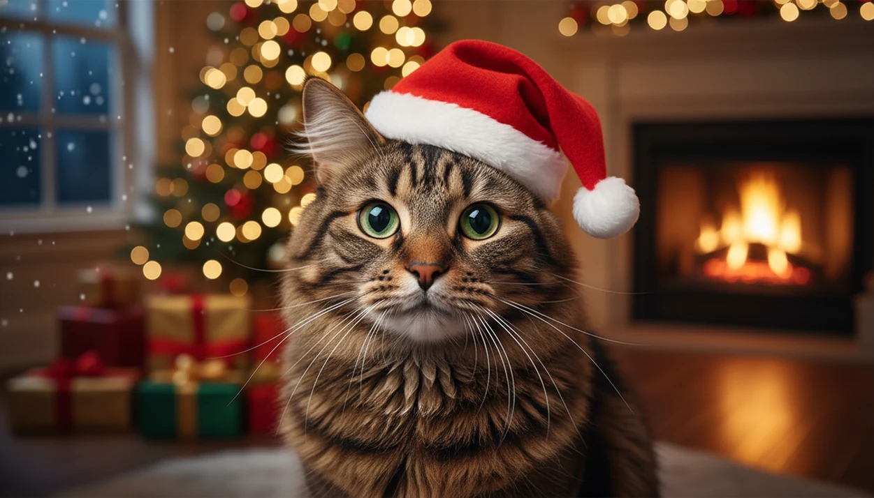 A tabby cat in a Santa hat sits in a cozy Christmas portrait scene with tree lights and fireplace glow.