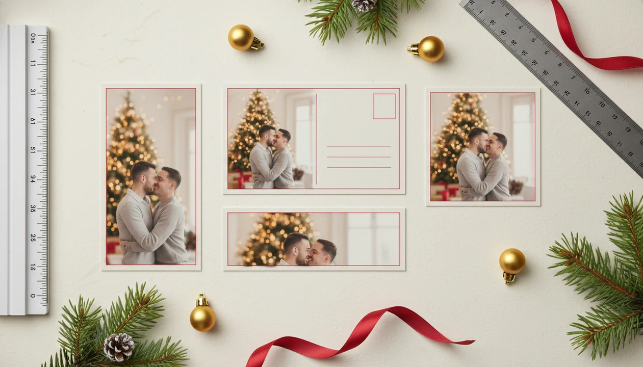 Top-down view of Christmas card mockups showing different crops, safe margins, and festive print tools.