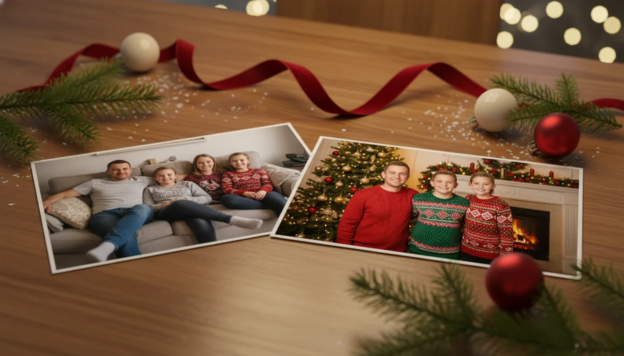 Side-by-side family photo prints show a casual snapshot transformed into a polished Christmas portrait.