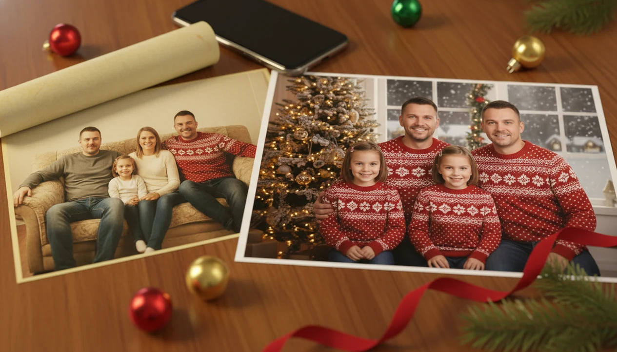 A casual family snapshot beside a polished AI-style Christmas portrait on a festive wooden table.