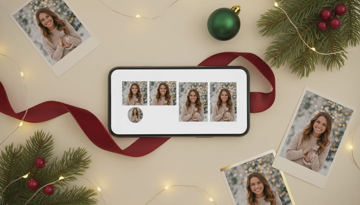 A phone surrounded by holiday props shows multiple festive portrait formats made from one selfie.