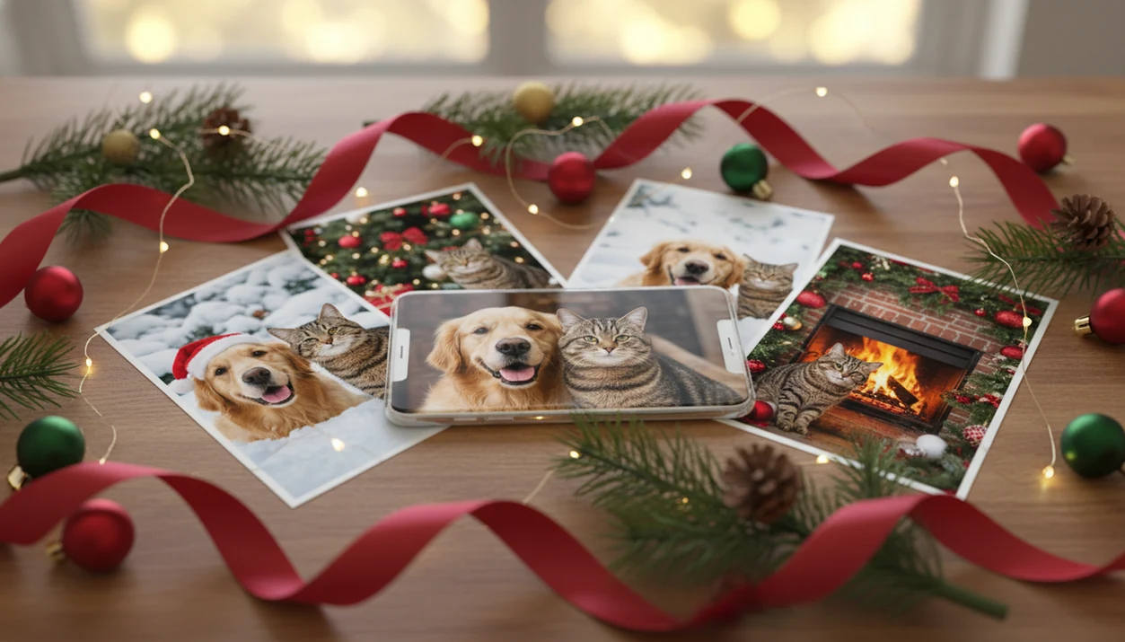 Printed dog and cat photos become festive Christmas pet portraits on a cozy holiday table.