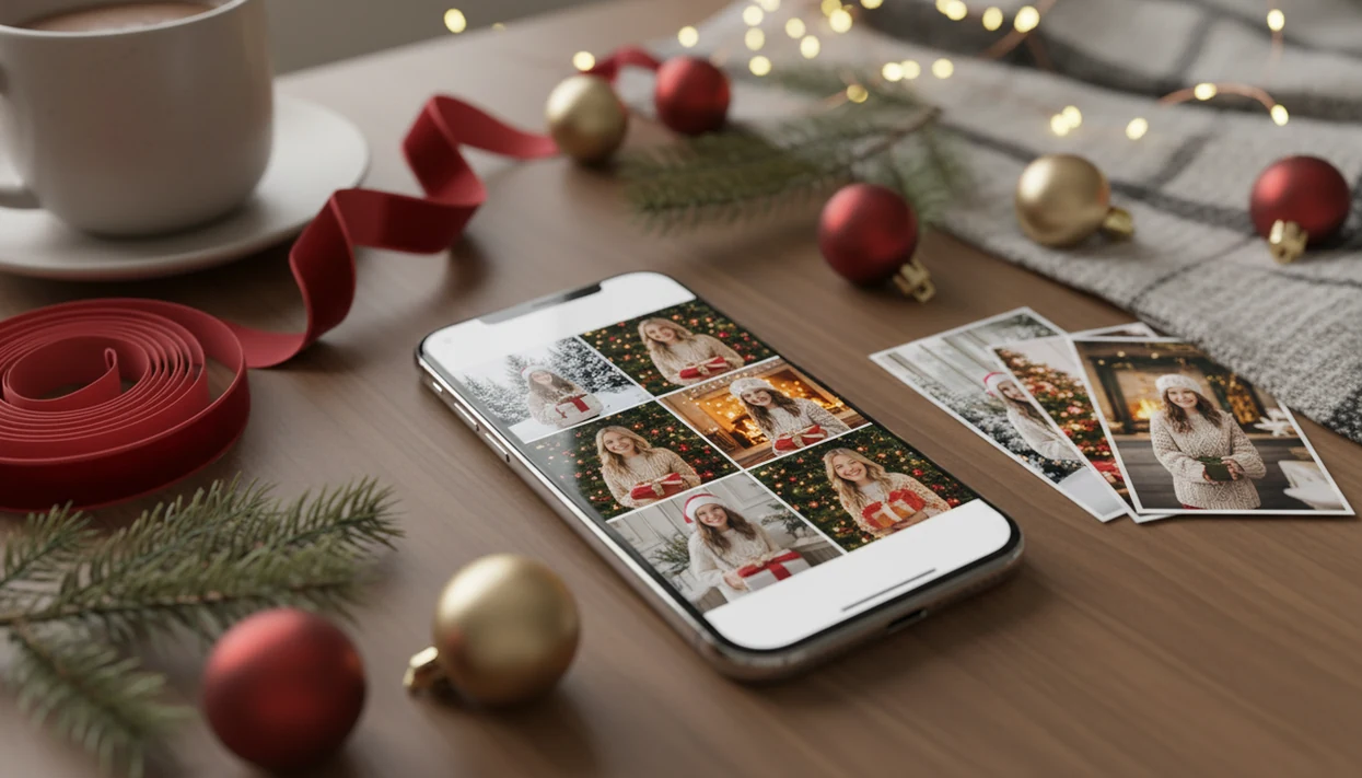 A phone displays multiple vertical Christmas portrait options on a festive creator desk.