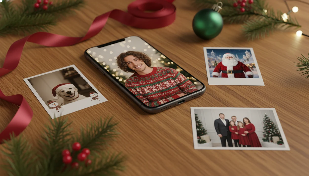 A phone and holiday photo prints compare AI Christmas portraits, filters, and studio-style results.