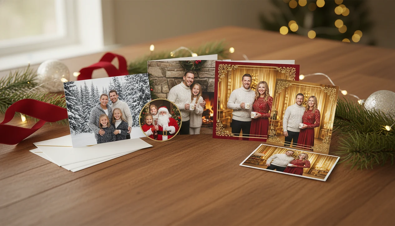 A flat lay of polished AI Christmas family cards beside a casual original photo and holiday decorations.