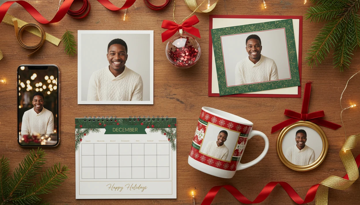 A single portrait photo is surrounded by Christmas cards, prints, ornaments, a mug, and a phone wallpaper.