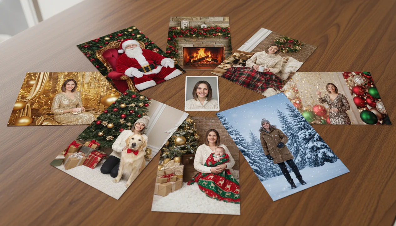 A flat lay of one source photo surrounded by varied AI Christmas portrait style prints.