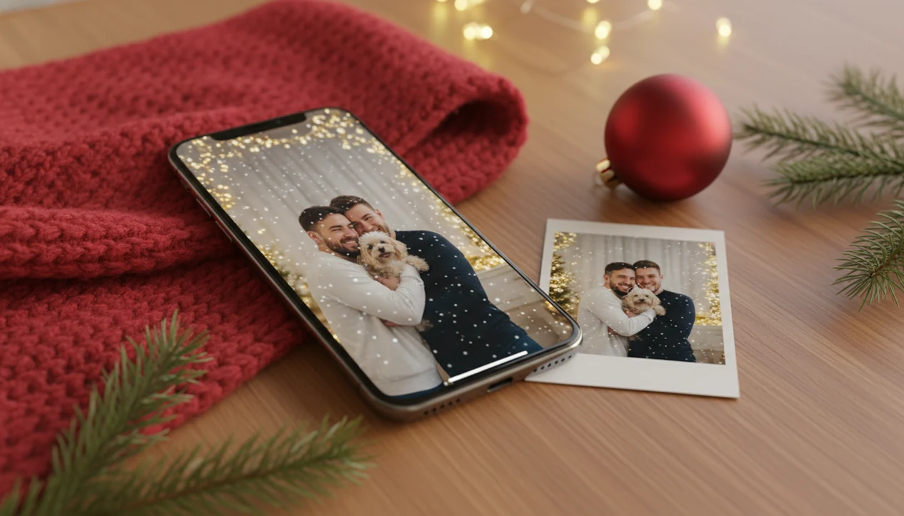 An iPhone shows a personalized Christmas wallpaper beside the original photo on a festive wooden table.