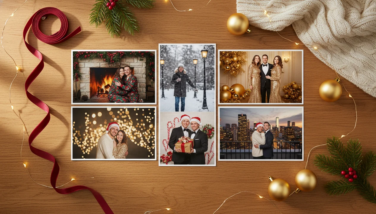 A holiday style board shows one couple in several romantic Christmas portrait looks with festive props.