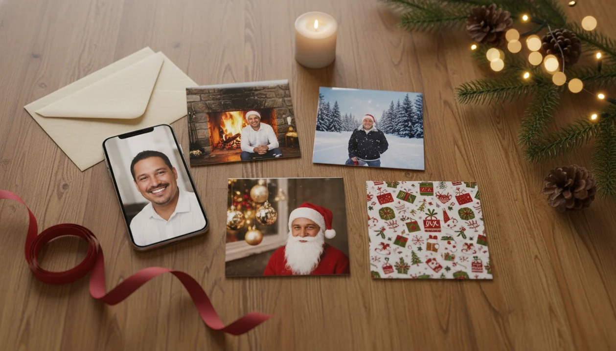 A phone photo surrounded by printed Christmas keepsake portraits, ribbons, envelopes, and evergreen sprigs.