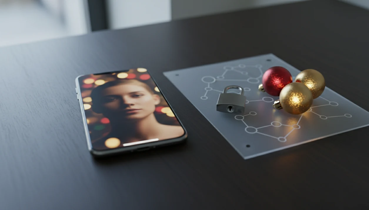 A phone, abstract face-data overlay, padlock, and Christmas ornaments suggest AI photo privacy risks.
