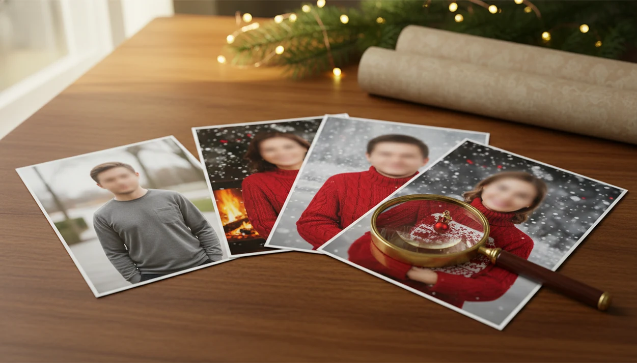 A desk shows an original portrait beside AI-style Christmas photo prints being inspected with a magnifying glass.