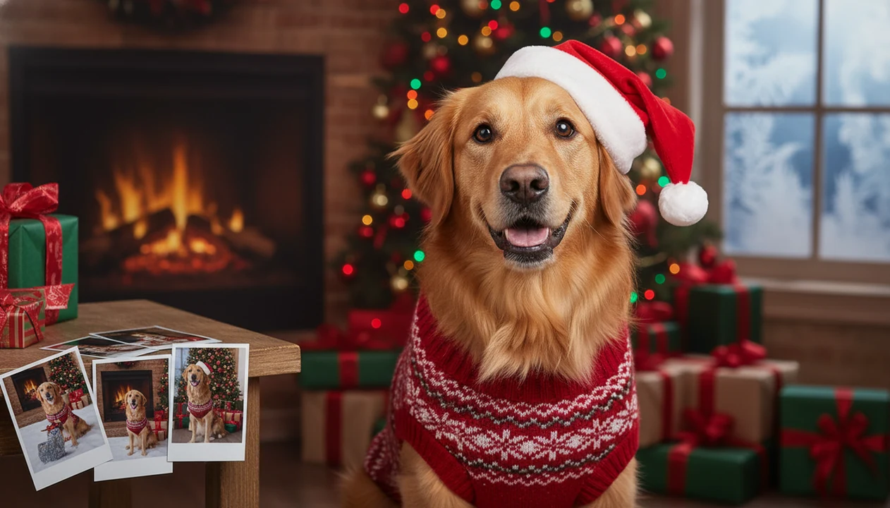 A dog in a red Christmas sweater poses in a cozy holiday portrait studio with festive prints nearby.