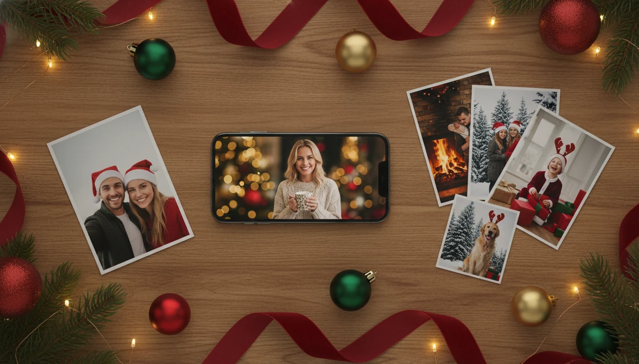 A phone surrounded by a selfie and polished AI Christmas portrait prints on a festive table.