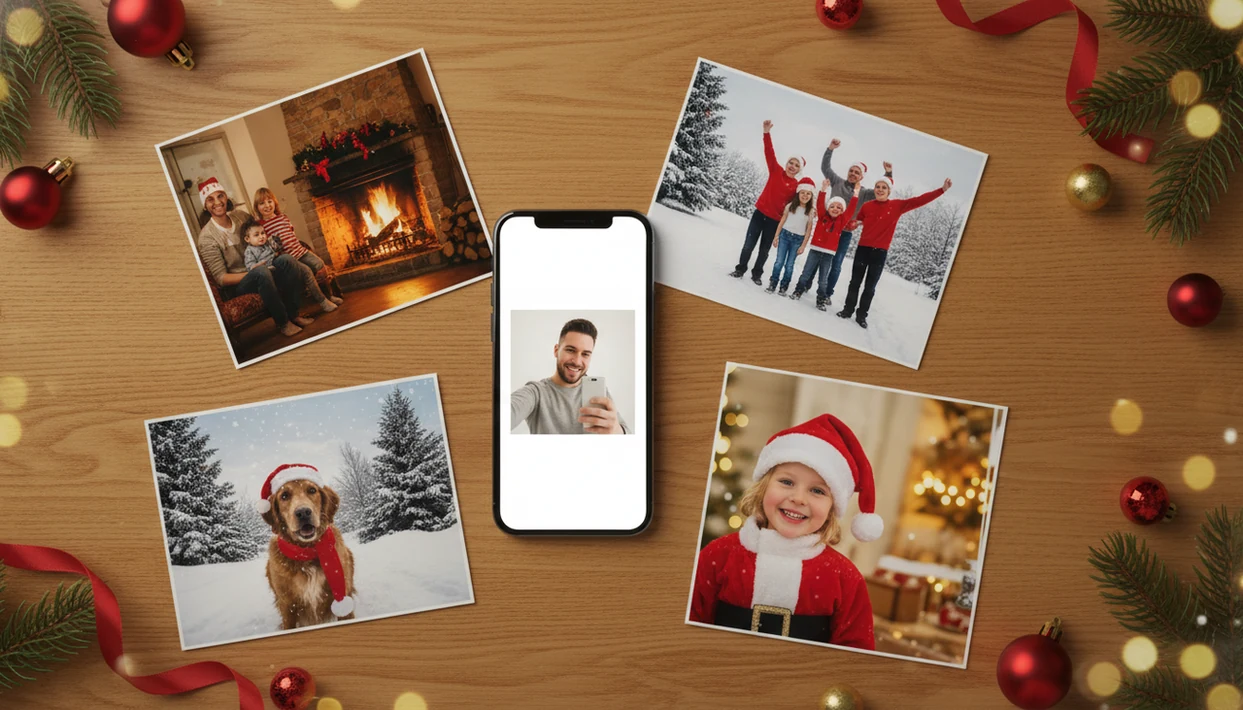 A phone and one selfie are surrounded by glossy AI-generated Christmas portrait prints on a festive table.